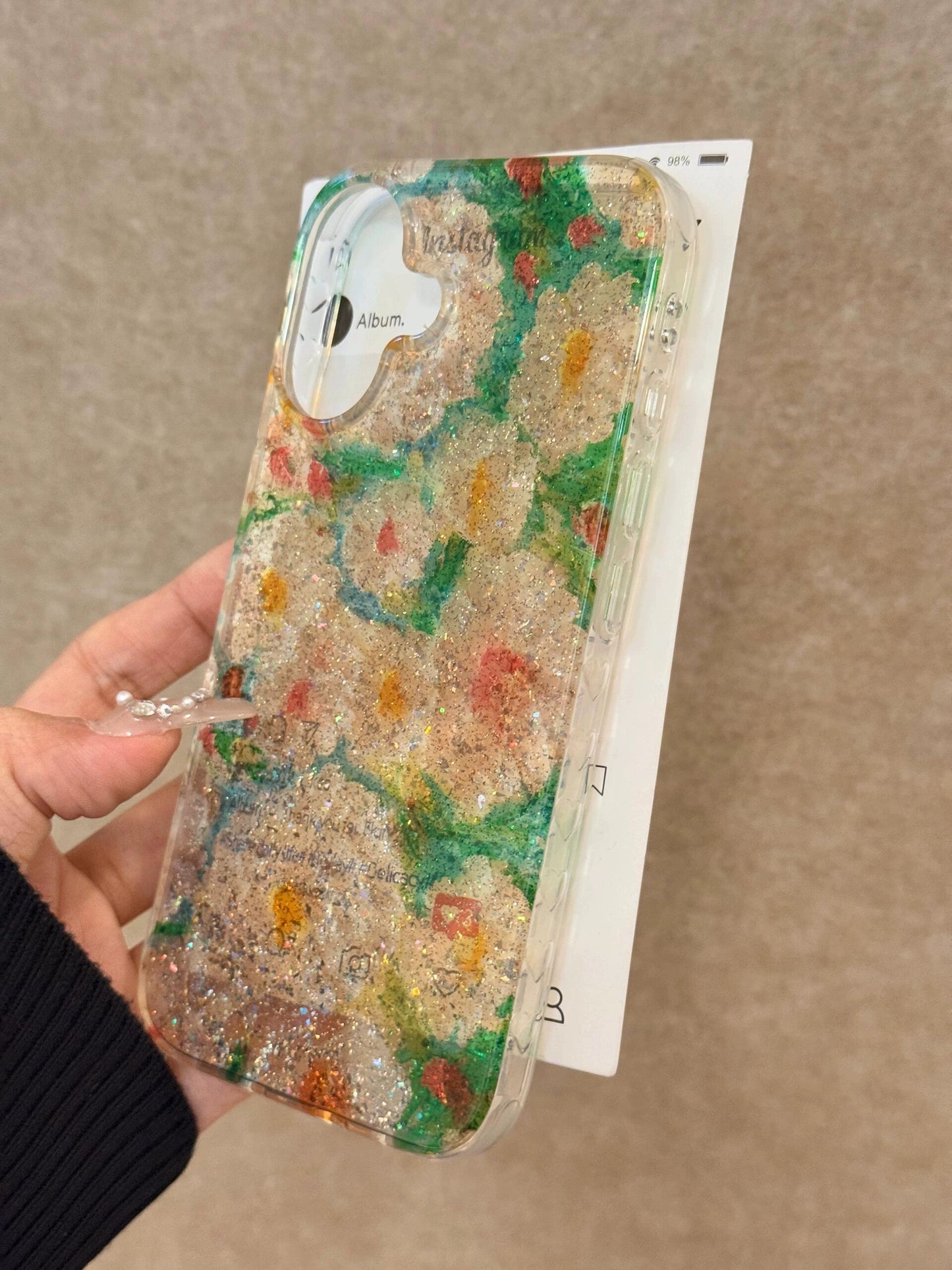 Glitter Full Screen Oil Painting Flower Aesthetics Mobile Phone Case Suitable for iPhone16 iPhone15 iPhone14 iPhone13