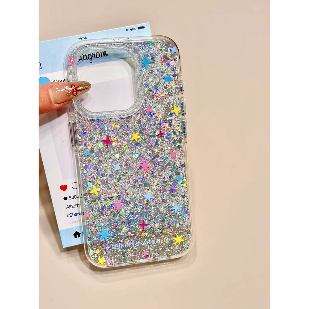 Sequin Double-layer Colored Star Bead Chain Cute Aesthetic Mobile Phone Case Suitable for iPhone16 iPhone15 iPhone14 iPhone13