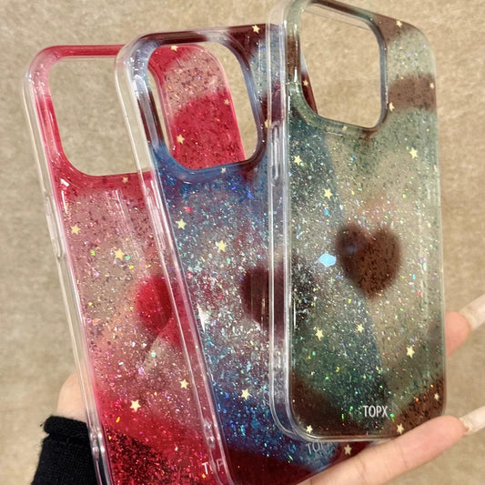 Red, Green, Blue Glitter, Love Star Aesthetic Mobile Phone Case, Suitable for iPhone16promax iPhone15pro iPhone14 iPhone13 Girl Mobile Phone Case