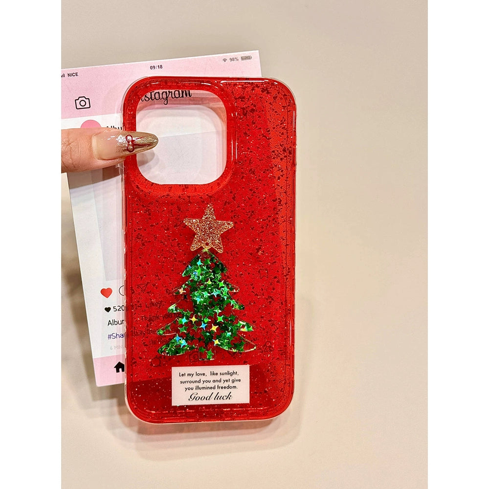 Sequined Double-layer Three-dimensional Star Christmas Tree Mobile Phone Case with Mobile Phone Chain Pendant Suitable for iPhone16 iPhone15 iPhone14 iPhone13