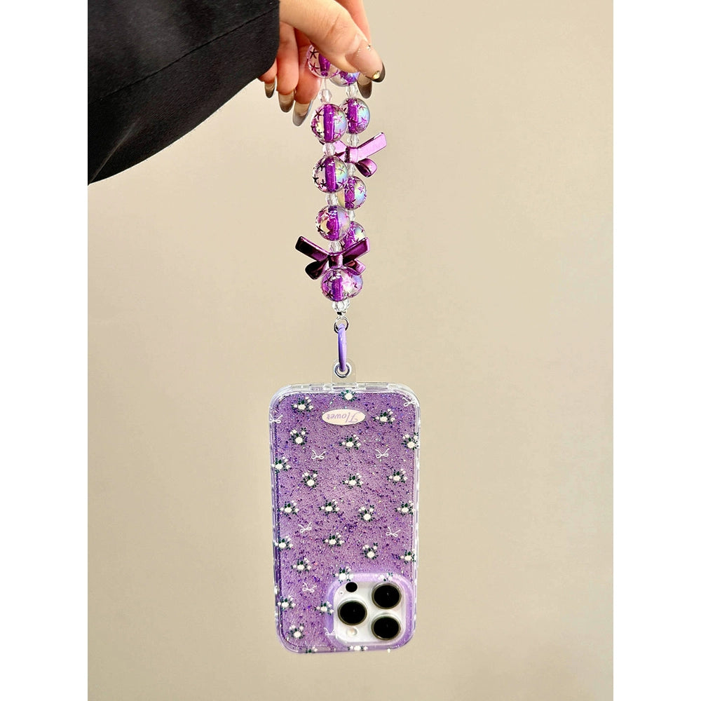 Glitter Translucent Flower Purple Aesthetic Mobile Phone Case with Mobile Phone Chain Pendant, Hand Carry Bead Chain Suitable for iPhone16 iPhone15 iPhone14 iPhone13