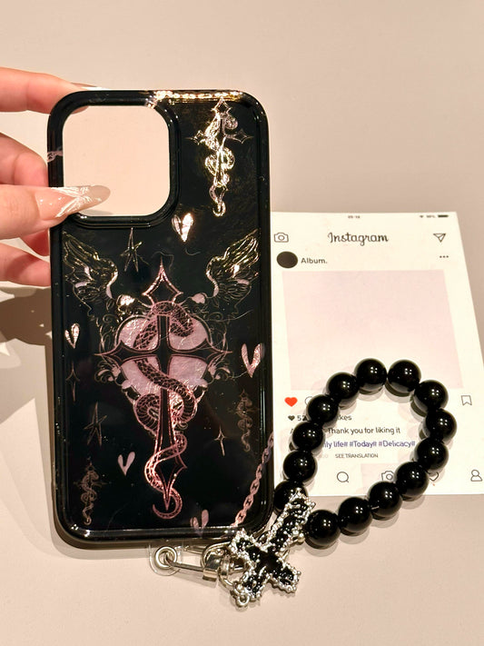 Hollow Love Wings Black Snake Black Pink Aesthetic Cool Girl Mobile Phone Case Coquette Phone Case with Mobile Phone Chain Pendant Suitable for iPhone16 iPhone15 iPhone14 iPhone13