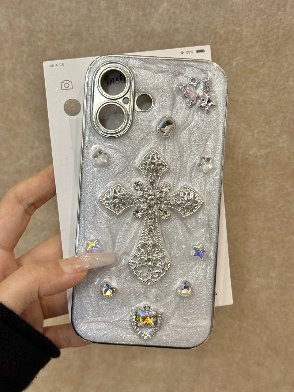 Three-dimensional Cross Diamond Shiny Aesthetic Mobile Phone Case Suitable for iPhone16 iPhone15 iPhone14 iPhone13