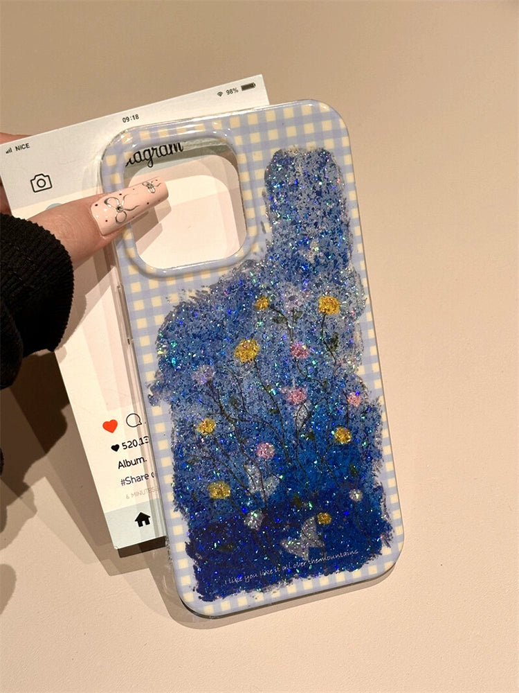 Blue Plaid Glitter Butterfly Floral Sweet Aesthetic Phone Case Suitable for iPhone16 iPhone15 iPhone14 iPhone13