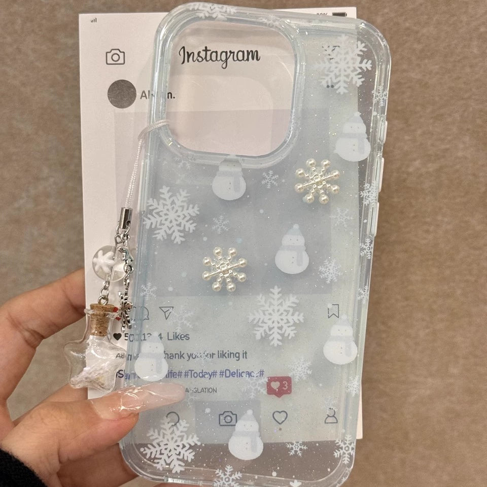 Winter Translucent Snowman Snowflake Clean Aesthetic Mobile Phone Case with Mobile Phone Chain Pendant Suitable for iPhone16 iPhone15 iPhone14 iPhone13