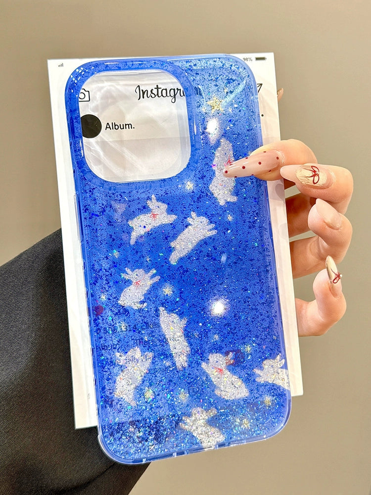 Sequin Glitter Transparent Blue Star Chasing Rabbit Chain Dream Aesthetic Mobile Phone Case Suitable for iPhone16 iPhone15 iPhone14 iPhone13