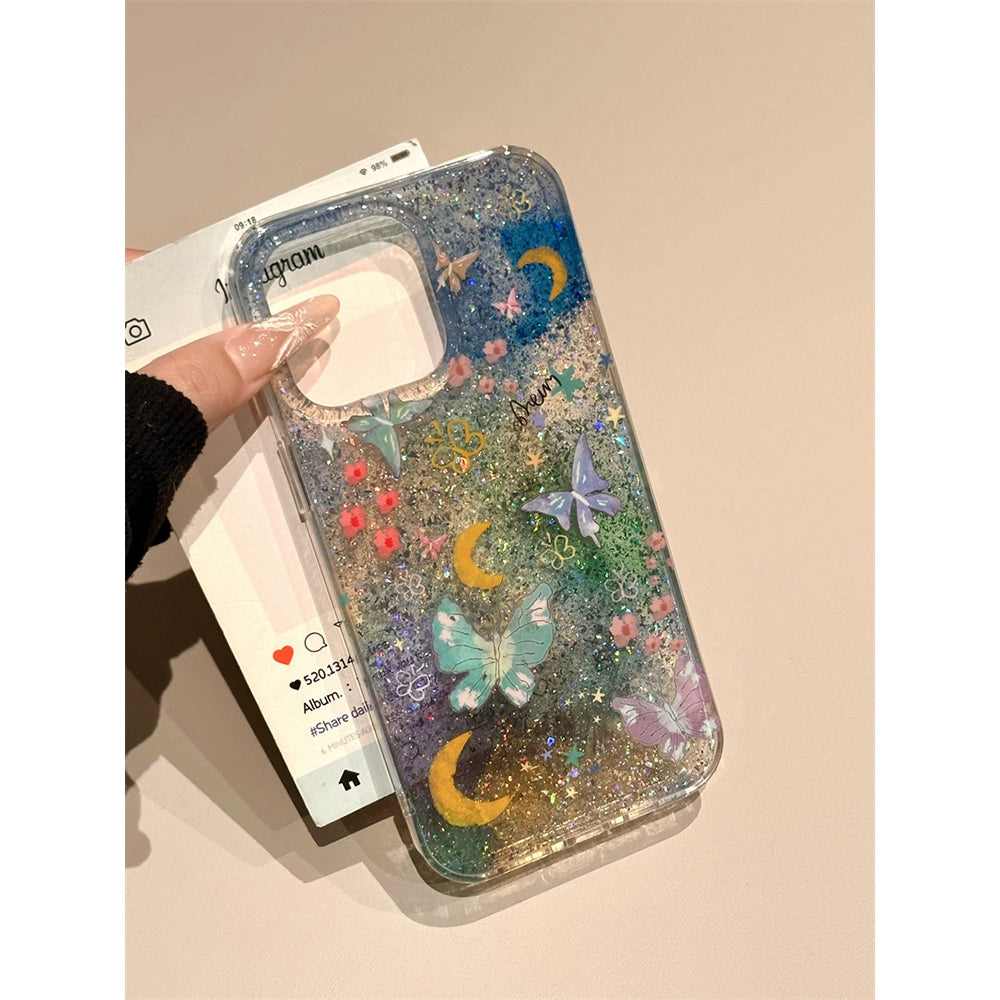 Gradual Change Color Floral Butterfly Illustration Translucent Glitter Aesthetic Mobile Phone Case Suitable for iPhone16 iPhone15 iPhone14 iPhone13