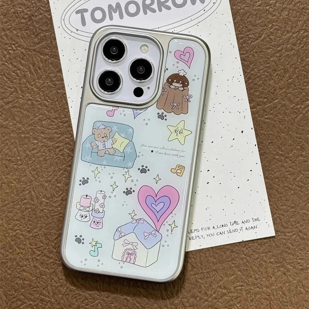 Sweet Girl Star Love Sofa Bear Illustration Cute Aesthetic Mobile Phone Case with Mobile Phone Chain Pendant Suitable for iPhone16 iPhone15 iPhone14 iPhone13