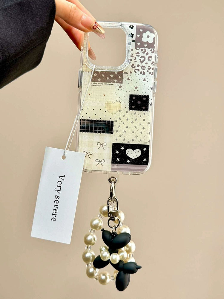 Black and White Grid Splicing Love Cute Sweet Aesthetic Mobile Phone Case with Mobile Phone Chain Pendant Suitable for iPhone16 iPhone15 iPhone14 iPhone13