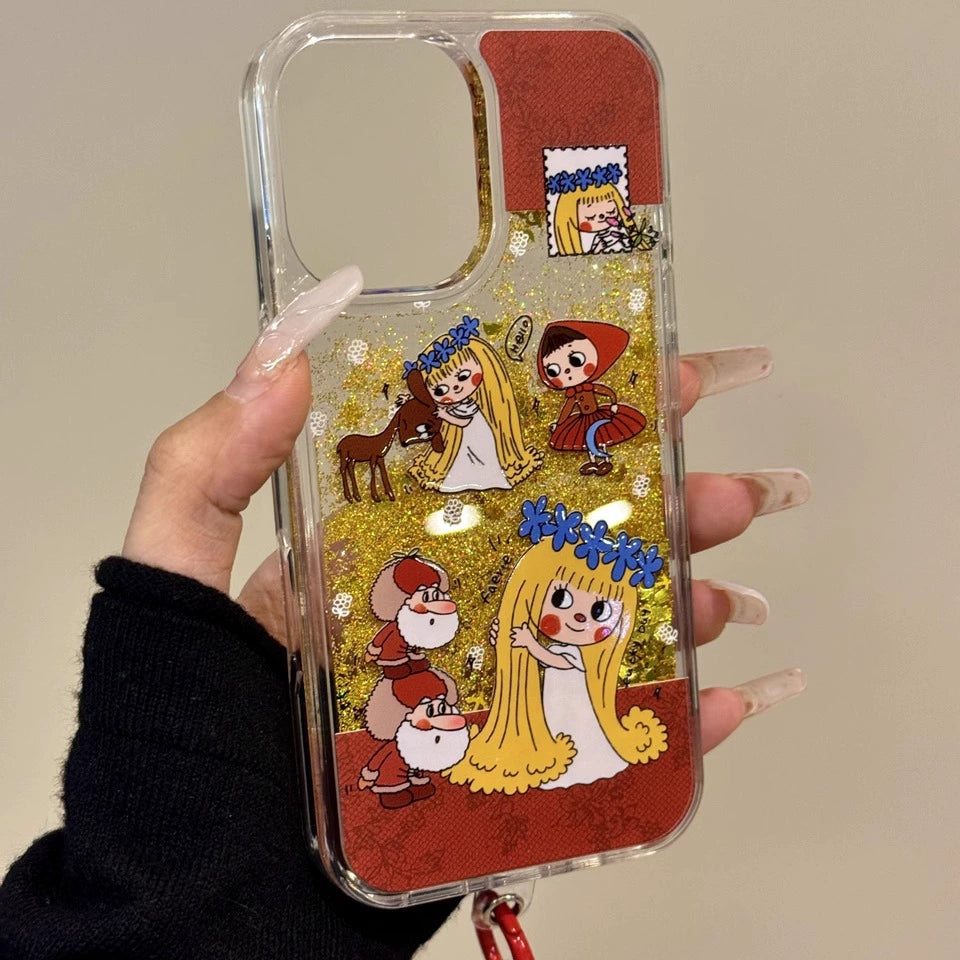 Cute Fairy Elf Golden Quicksand Glitter Aesthetic Mobile Phone Case with Mobile Phone Chain Pendant Suitable for iPhone16 iPhone15 iPhone14 iPhone13