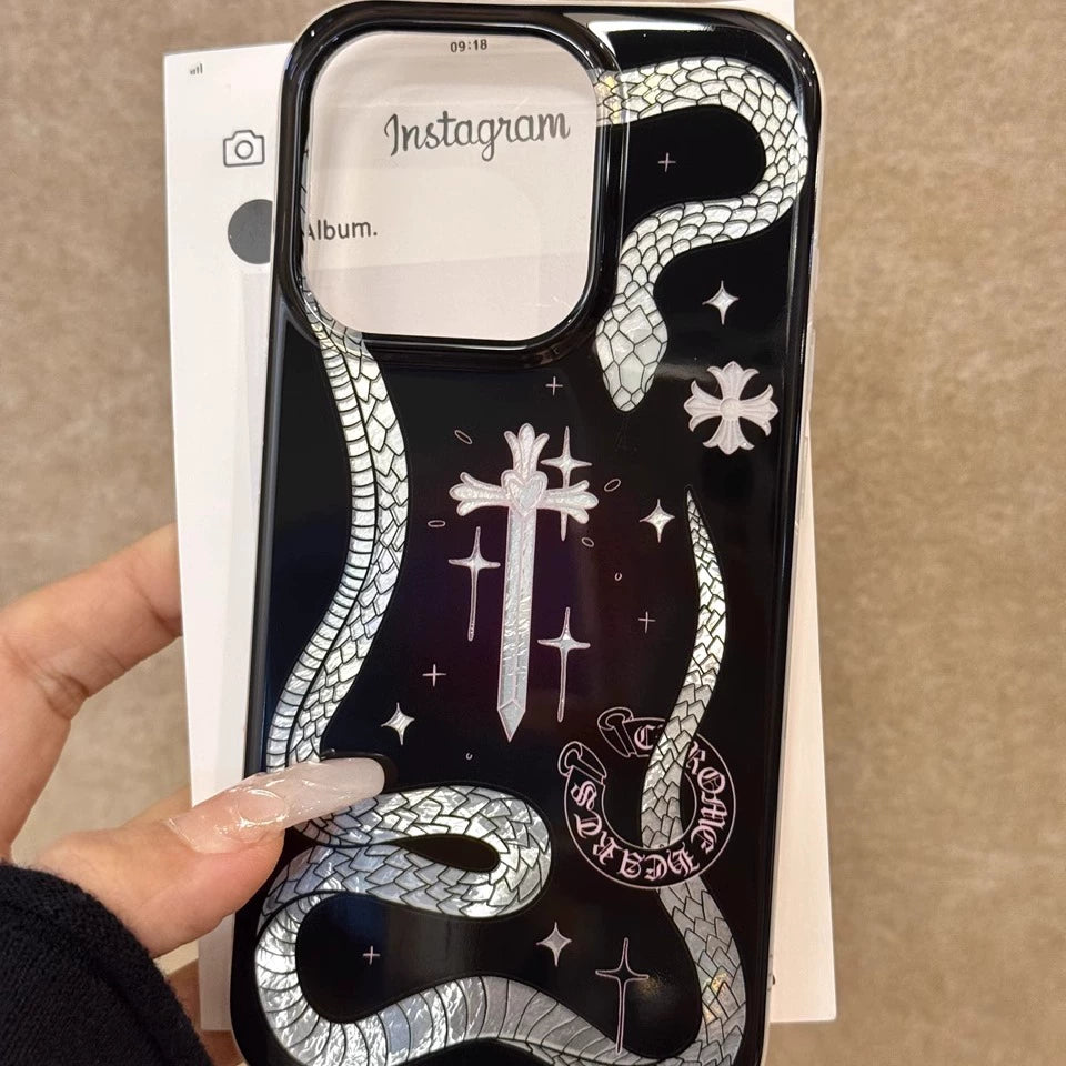 Hollow Cross Line Silver Snake Aesthetic Cool Girl Phone Case Suitable for iPhone16 iPhone15 iPhone14 iPhone13