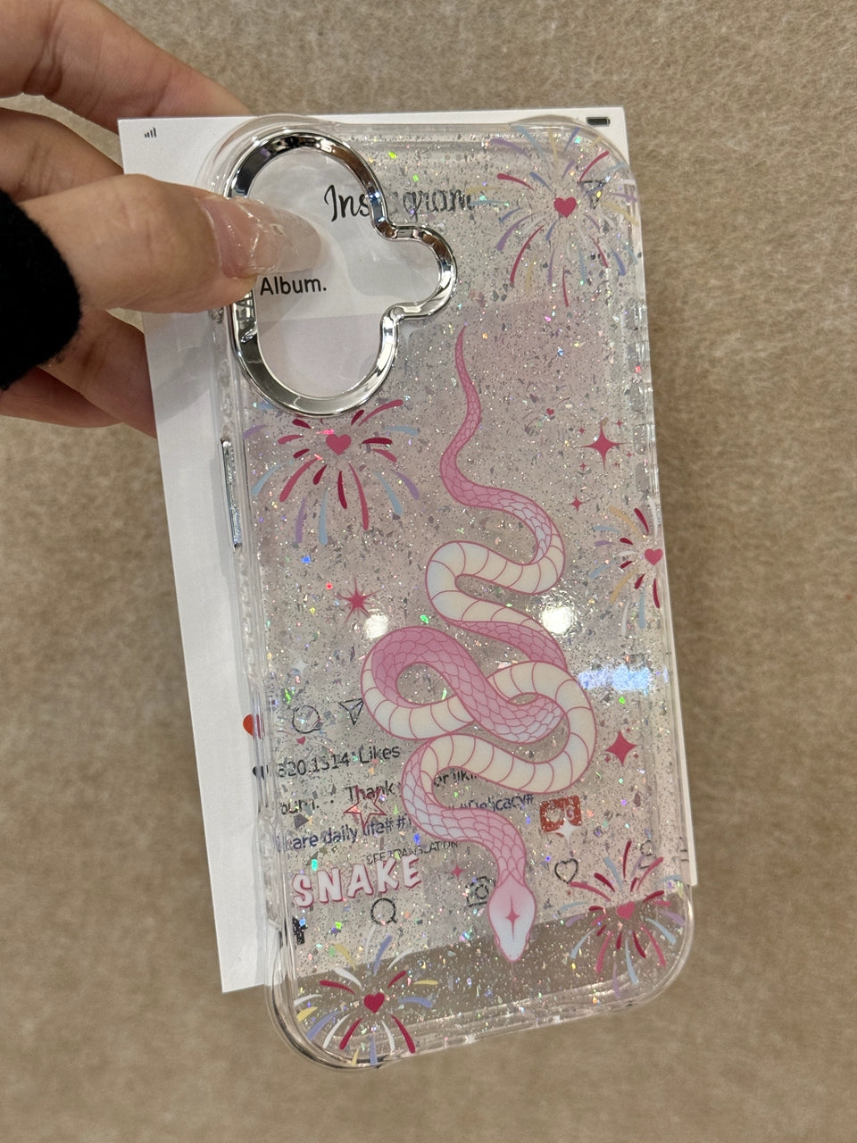 Translucent Pink Fireworks Love Smudge Pink Snake Aesthetic Mobile Phone Case Suitable for iPhone16 iPhone15 iPhone14 iPhone13