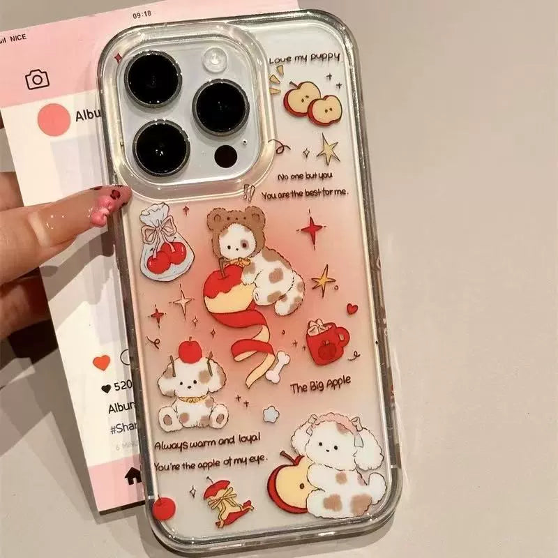 Cartoon Smudge Pink Rotating Apple Puppy Cute Clean Transparent Aesthetic Phone Case Suitable for iPhone16 iPhone15 iPhone14 iPhone13