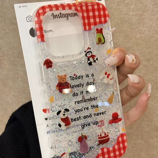 Checked Glitter, Winter Atmosphere, Cute Little Animal Aesthetics, Mobile Phone Case Suitable for iPhone16 iPhone15 iPhone14 iPhone13