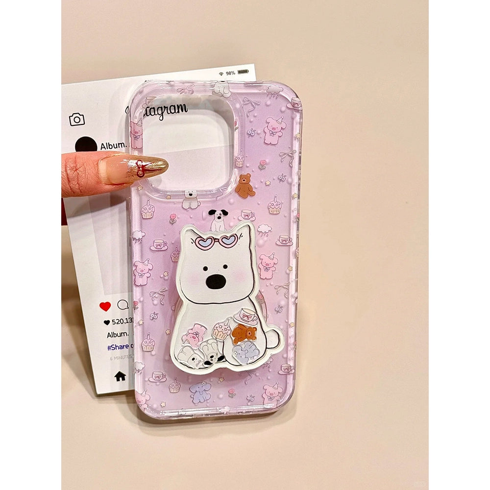 Cute Purple Bottom Small Animal Dog Bracket Aesthetic Mobile Phone Case Suitable for iPhone16 iPhone15 iPhone14 iPhone13