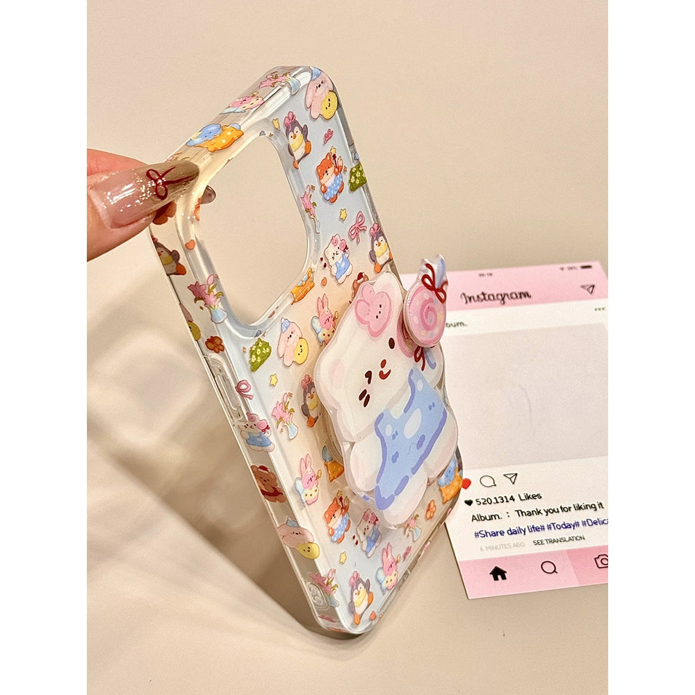 Cute Smudged Small Animal Lollipop Cat Holder Mobile Phone Case Suitable for iPhone16 iPhone15 iPhone14 iPhone13