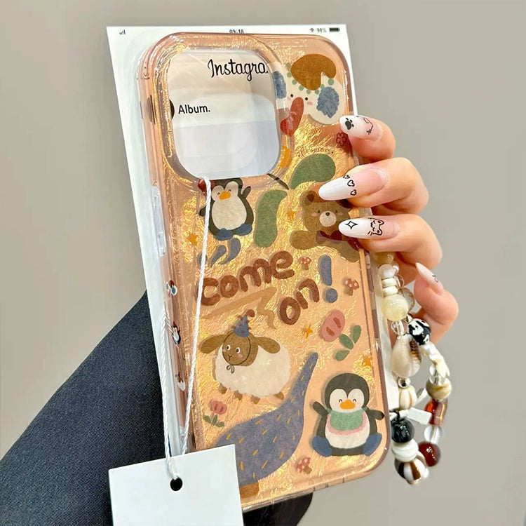 Tin Foil Pattern Cute Little Animal Bracelet Strip Cute Aesthetic Mobile Phone Case with Mobile Phone Chain Pendant Suitable for iPhone16 iPhone15 iPhone14 iPhone13