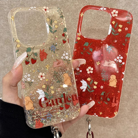 Pastoral Garden Cute Rabbit Strawberry Flower Shiny Aesthetic Mobile Phone Case, Suitable for iPhone16promax iPhone15pro iPhone14 iPhone13 with Mobile Phone Chain