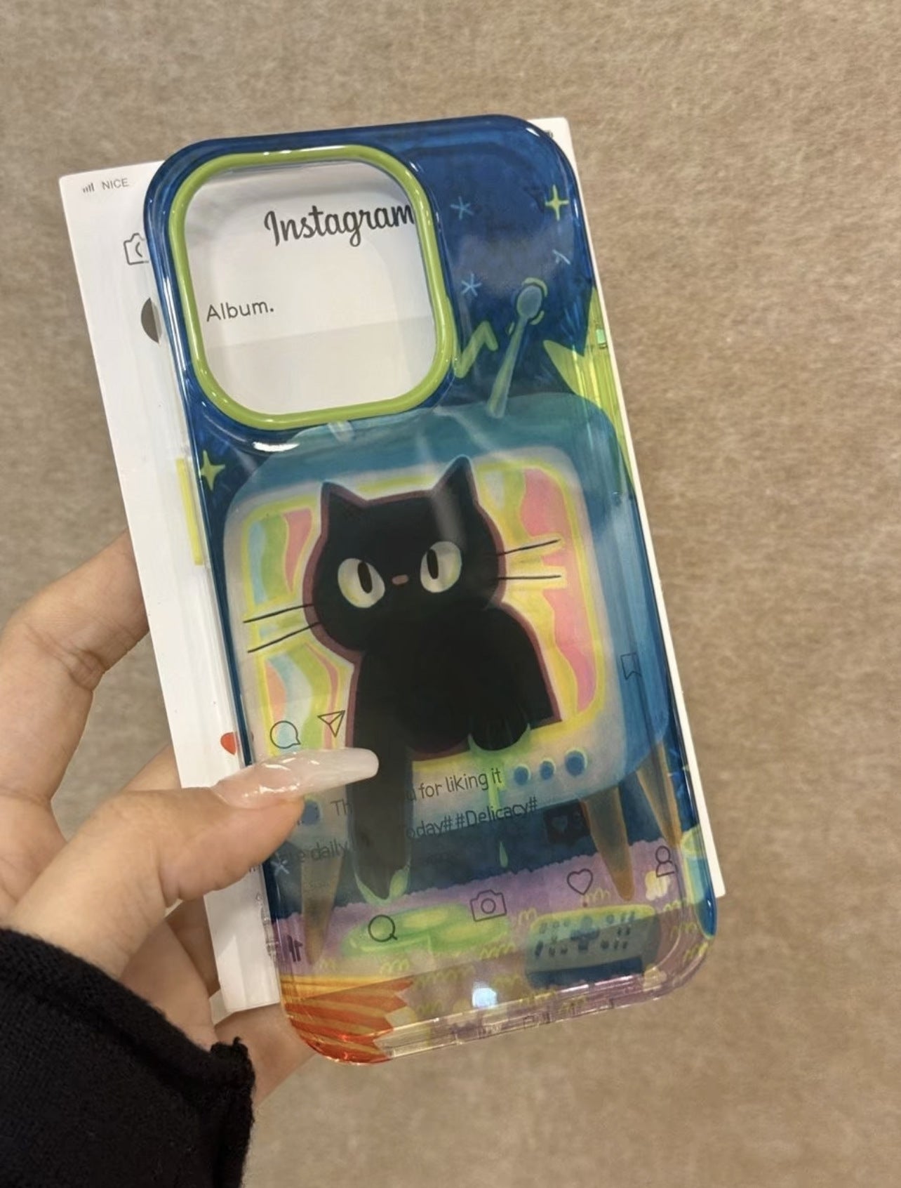 Oil Painting Black Cat TV Blue Background Cute Mobile Phone Case with Magnetic Bracket Suitable for iPhone16 iPhone15 iPhone14 iPhone13