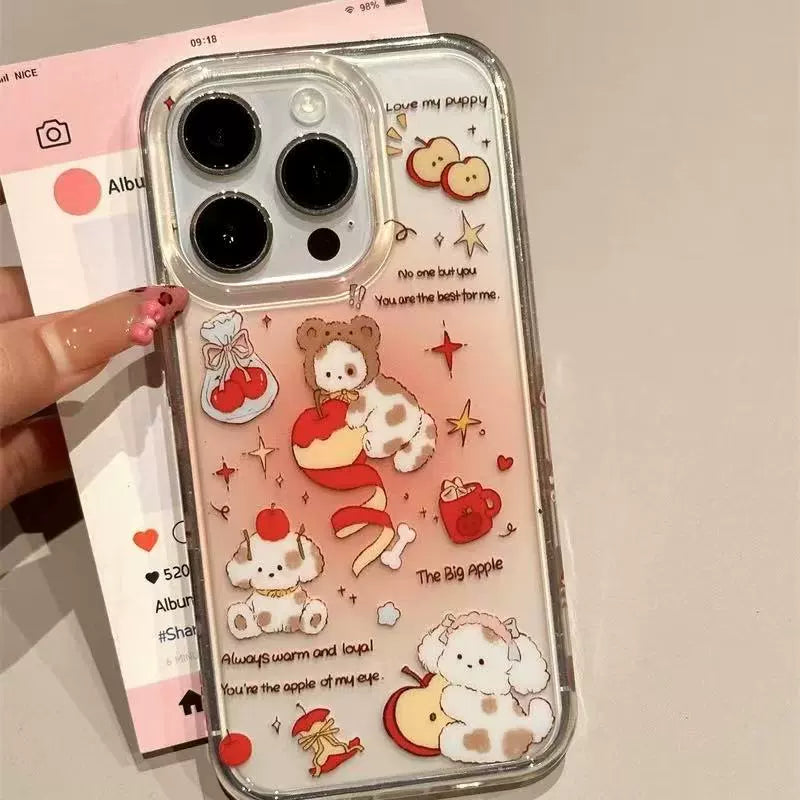 Cartoon Smudge Pink Rotating Apple Puppy Cute Clean Transparent Aesthetic Phone Case Suitable for iPhone16 iPhone15 iPhone14 iPhone13