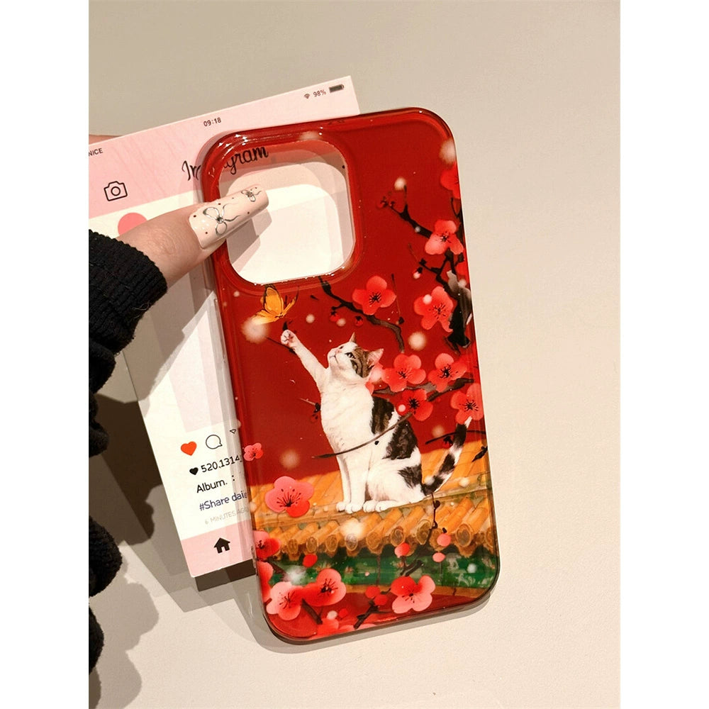 Red Background Plum Blossom Roof Cat Cute Aesthetic Mobile Phone Case Suitable for iPhone16 iPhone15 iPhone14 iPhone13