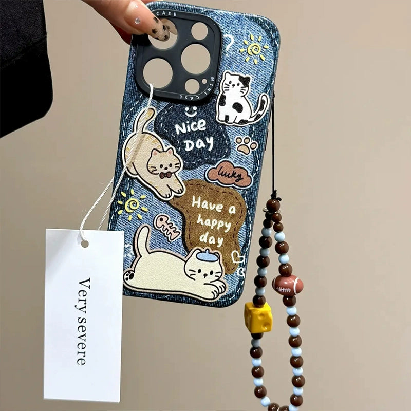 Retro Denim Blue Cat Dog Bracelet Cute Phone Case with Phone Chain Pendant Suitable for iPhone16 iPhone15 iPhone14 iPhone13