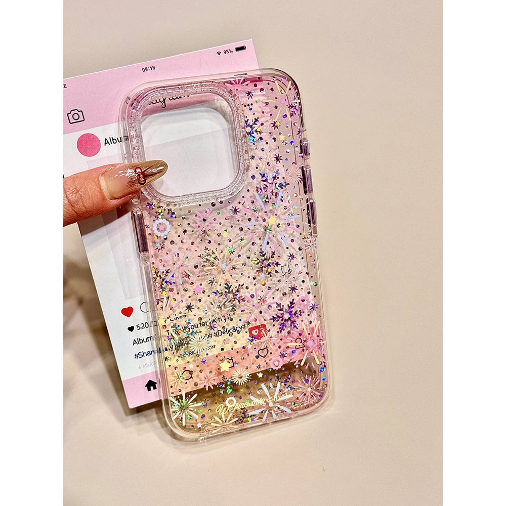 Sequined Double-layer Color Fireworks Flower Beaded Chain Mobile Phone Case Suitable for iPhone16 iPhone15 iPhone14 iPhone13