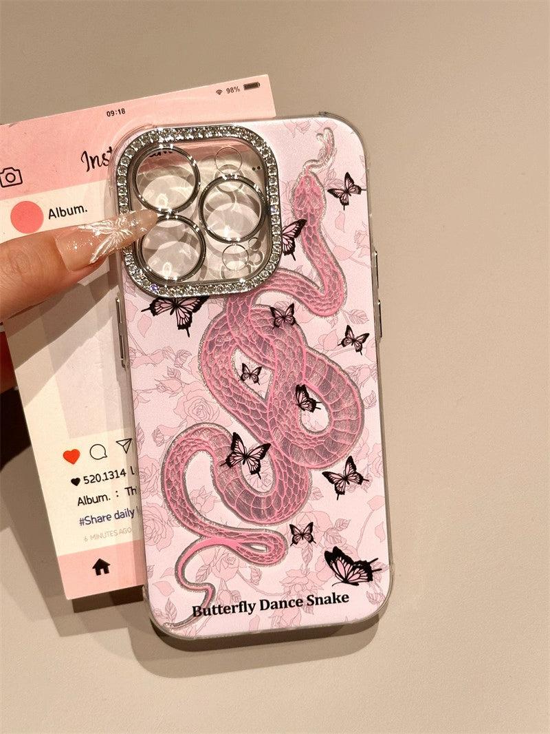 Foundation Line Drawing Butterfly Snake Diamond Lens Art Aesthetics Mobile Phone Case Suitable for iPhone16 iPhone15 iPhone14 iPhone13