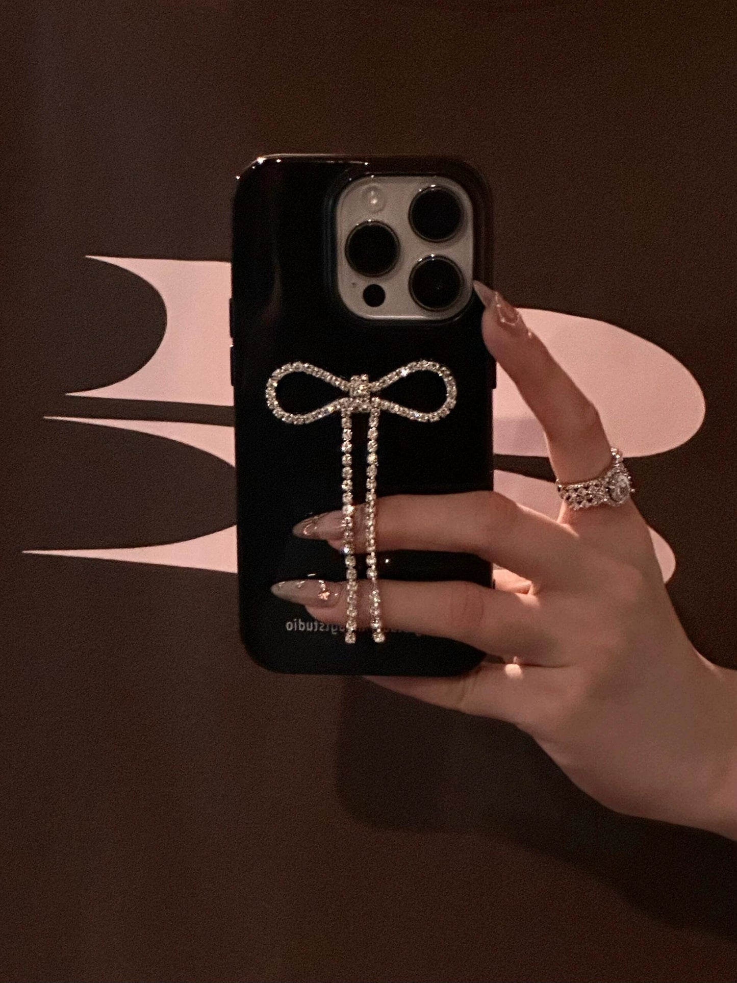 Premium Three-dimensional Flash Diamond Fringed Bow Black Phone Case Suitable for iPhone16 iPhone15 iPhone14 iPhone13