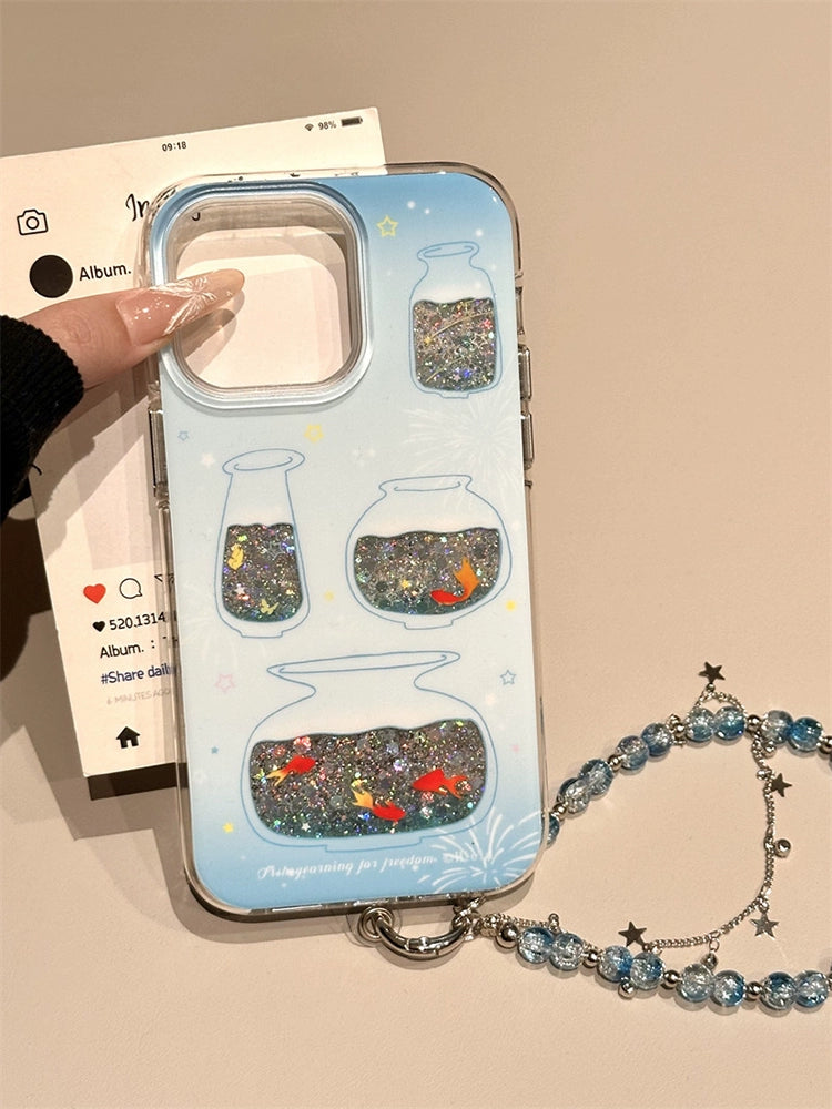 Blue Background Glitter Lines Goldfish Bottle Gradual Change Blue Aesthetic Phone Case Suitable for iPhone16 iPhone15 iPhone14 iPhone13