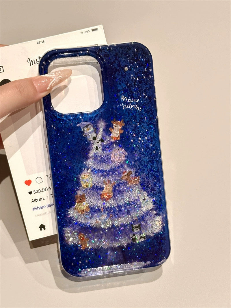 Winter Atmosphere Glitter Christmas Tree Small Animal Double-sided Shell Aesthetic Mobile Phone Case Suitable for iPhone16 iPhone15 iPhone14 iPhone13