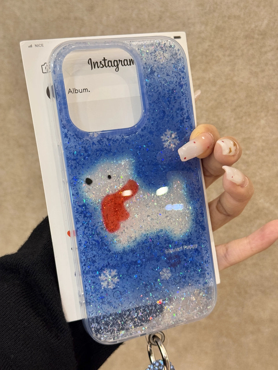 Translucent Blue Glitter Scarf  Little White Dog Cute Phone Case with Phone Chain Suitable for iPhone16 iPhone15 iPhone14 iPhone13