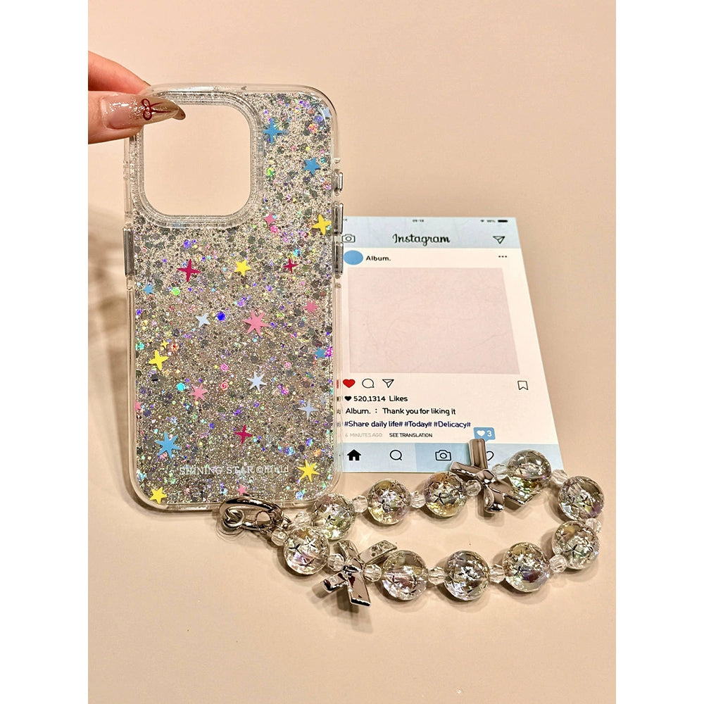 Sequin Double-layer Colored Star Bead Chain Cute Aesthetic Mobile Phone Case Suitable for iPhone16 iPhone15 iPhone14 iPhone13