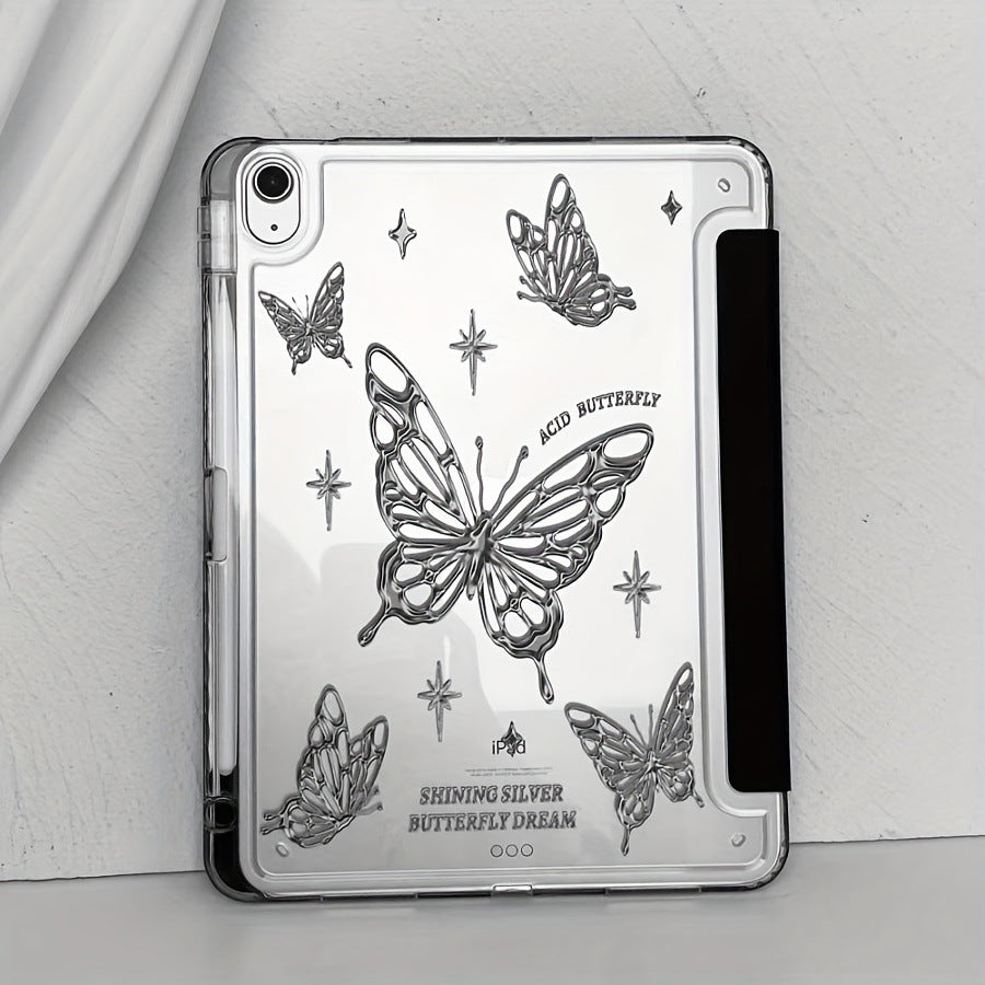 Transparent Silver Butterfly Triple Fold Stand Tablet Case IPad Pro11 2024/10th/10.2/10 9/9.7