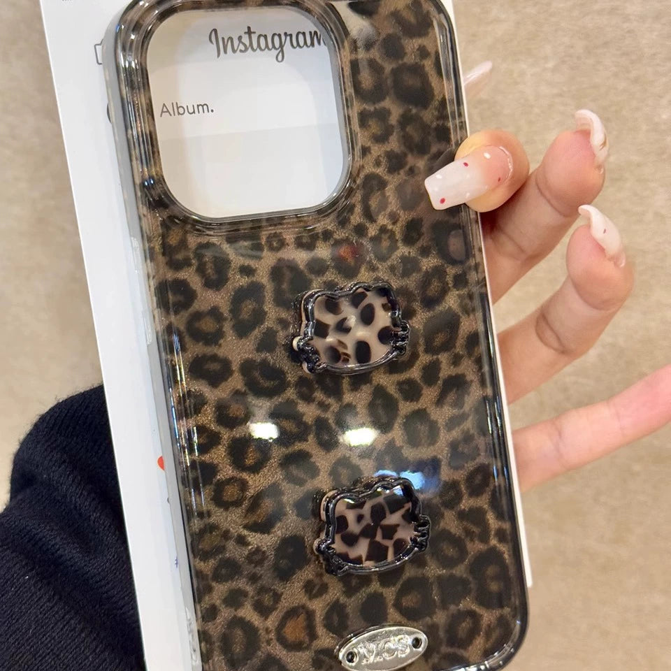 Leopard Print Cat Star Bow Three-dimensional Aesthetic Mobile Phone Case, Sexy and Sweet Girl Coquette Suitable for iPhone16 iPhone15 iPhone14 iPhone13