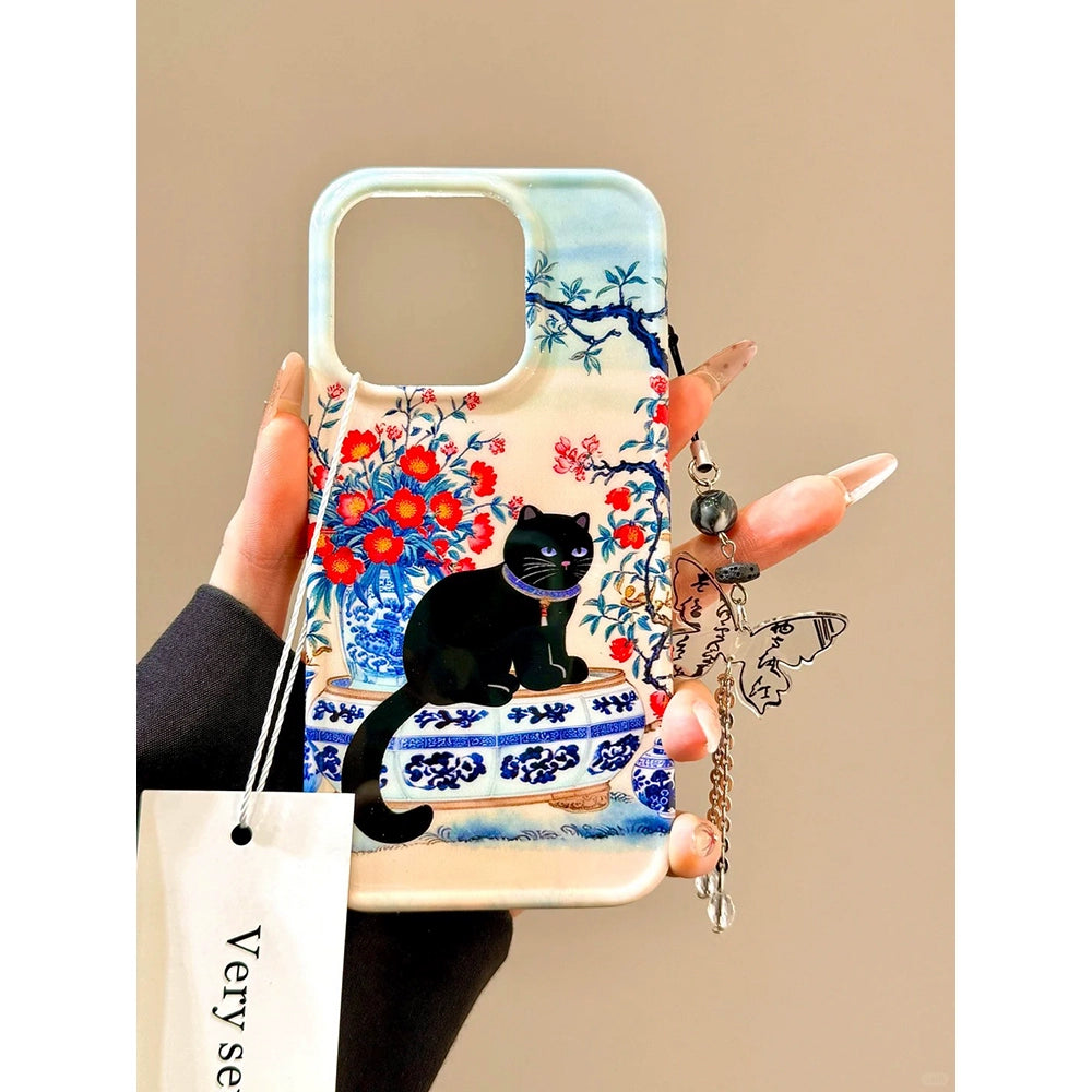 Blue and White Porcelain Red Flower Black Cat Lucky Aesthetic Mobile Phone Case with Mobile Phone Chain Pendant Suitable for iPhone16 iPhone15 iPhone14 iPhone13