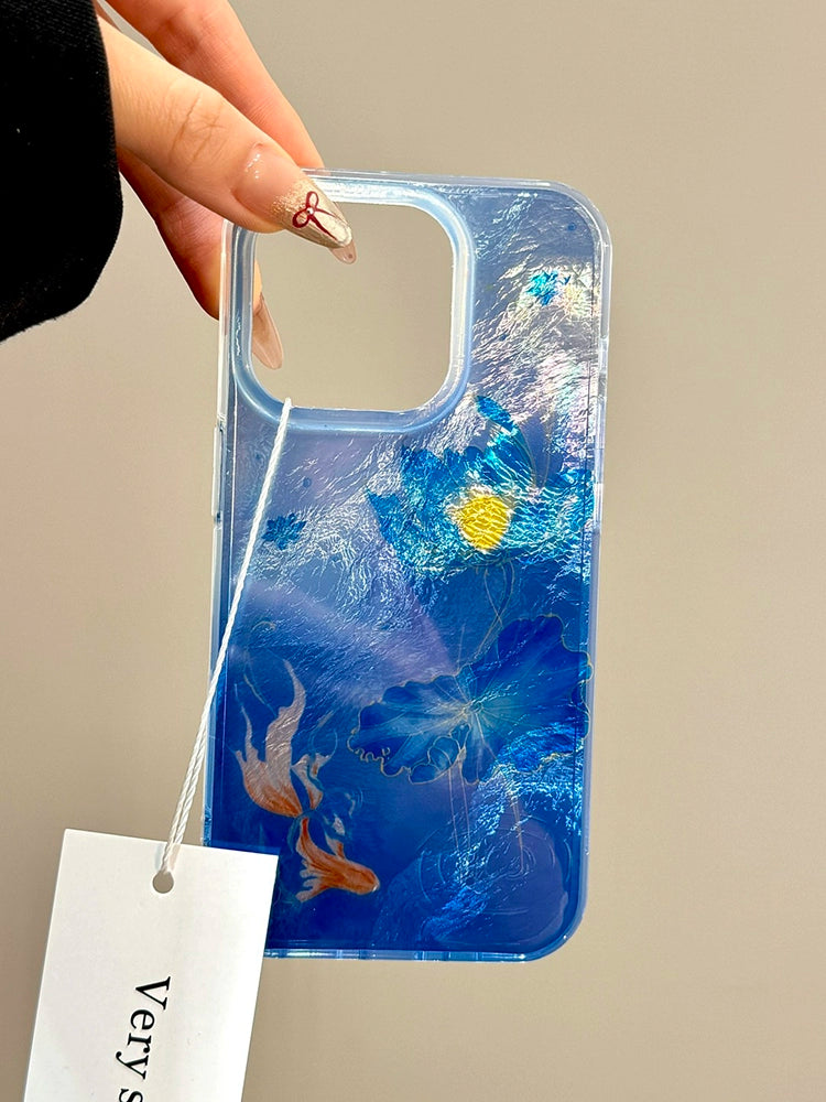 Lotus Koi Water Bag Goldfish Blue Smudge Aesthetic Mobile Phone Case with Mobile Phone Chain Pendant Suitable for iPhone16 iPhone15 iPhone14 iPhone13