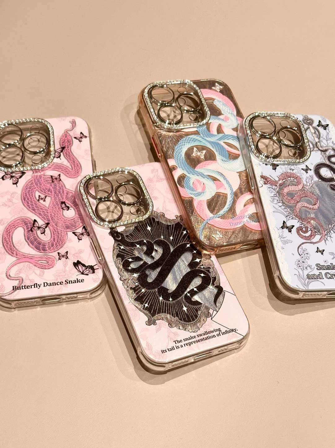 Foundation Line Drawing Butterfly Snake Diamond Lens Art Aesthetics Mobile Phone Case Suitable for iPhone16 iPhone15 iPhone14 iPhone13