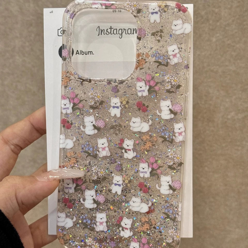 Cartoon Translucent Glitter Flower Puppy Cute Aesthetic Phone Case Suitable for iPhone16 iPhone15 iPhone14 iPhone13