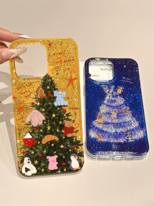 Winter Atmosphere Glitter Christmas Tree Small Animal Double-sided Shell Aesthetic Mobile Phone Case Suitable for iPhone16 iPhone15 iPhone14 iPhone13