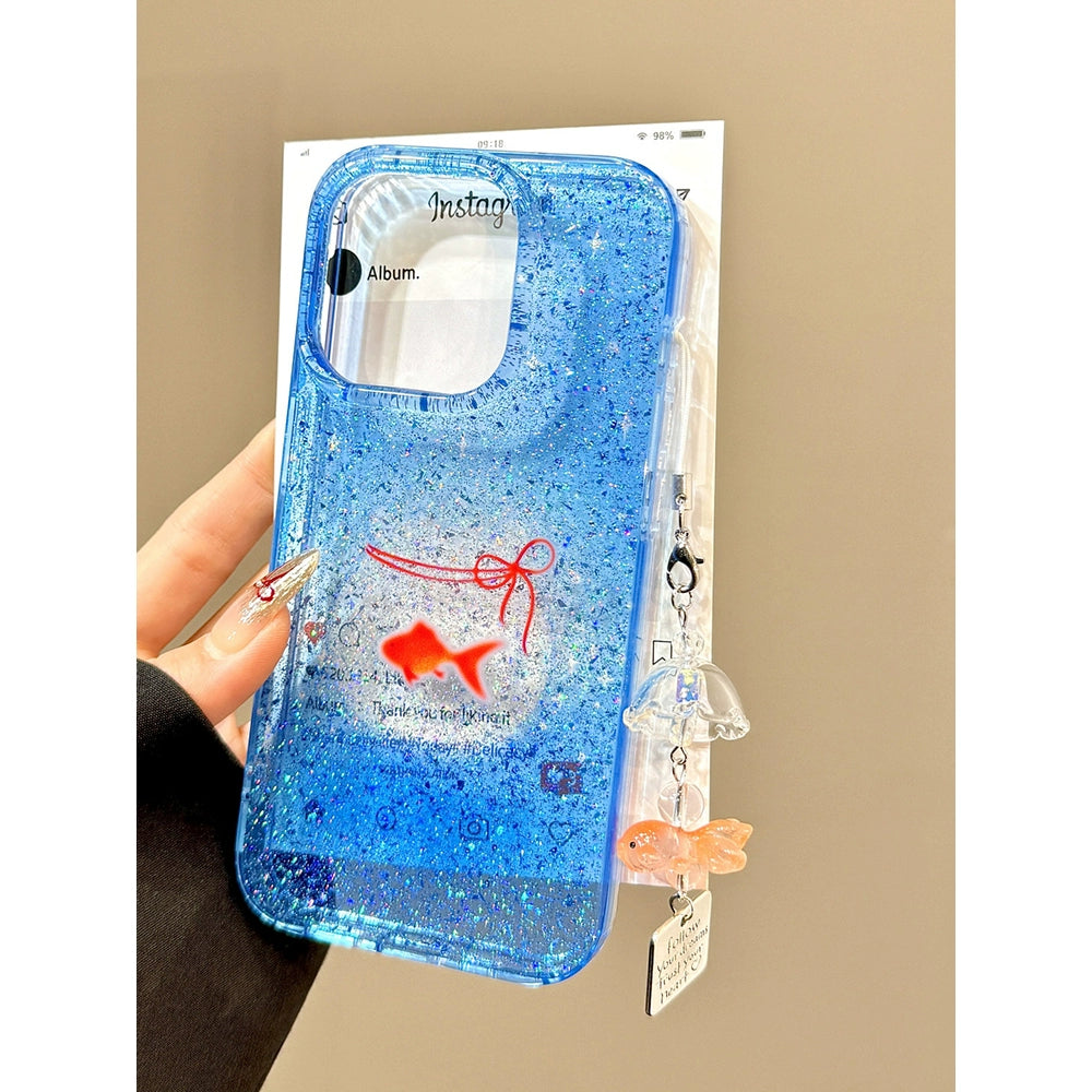 Transparent Blue Bag Fish Tank Goldfish Glitter Aesthetic Lucky Mobile Phone Case with Mobile Phone Chain Pendant Suitable for iPhone16 iPhone15 iPhone14 iPhone13