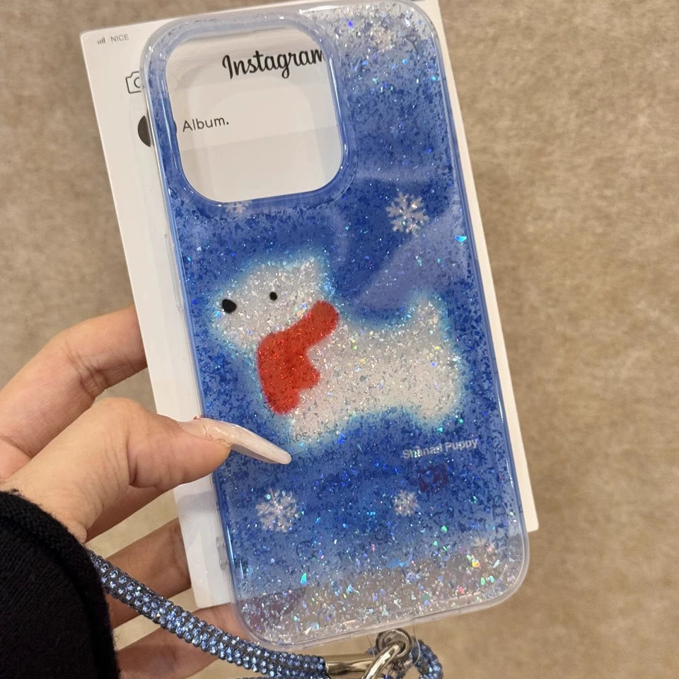 Translucent Blue Glitter Scarf  Little White Dog Cute Phone Case with Phone Chain Suitable for iPhone16 iPhone15 iPhone14 iPhone13