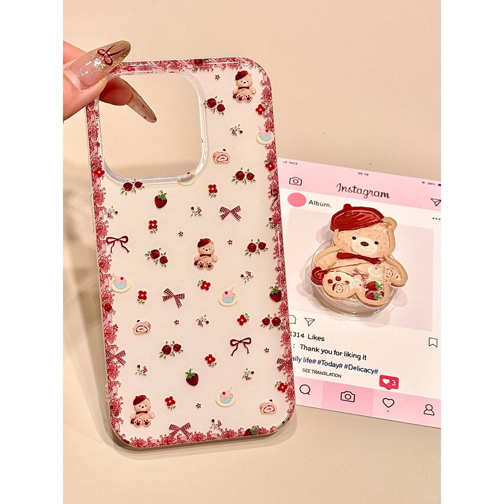 Girl Circumference Flower Strawberry Bear Holder Cute Aesthetic Phone Case Suitable for iPhone16 iPhone15 iPhone14 iPhone13