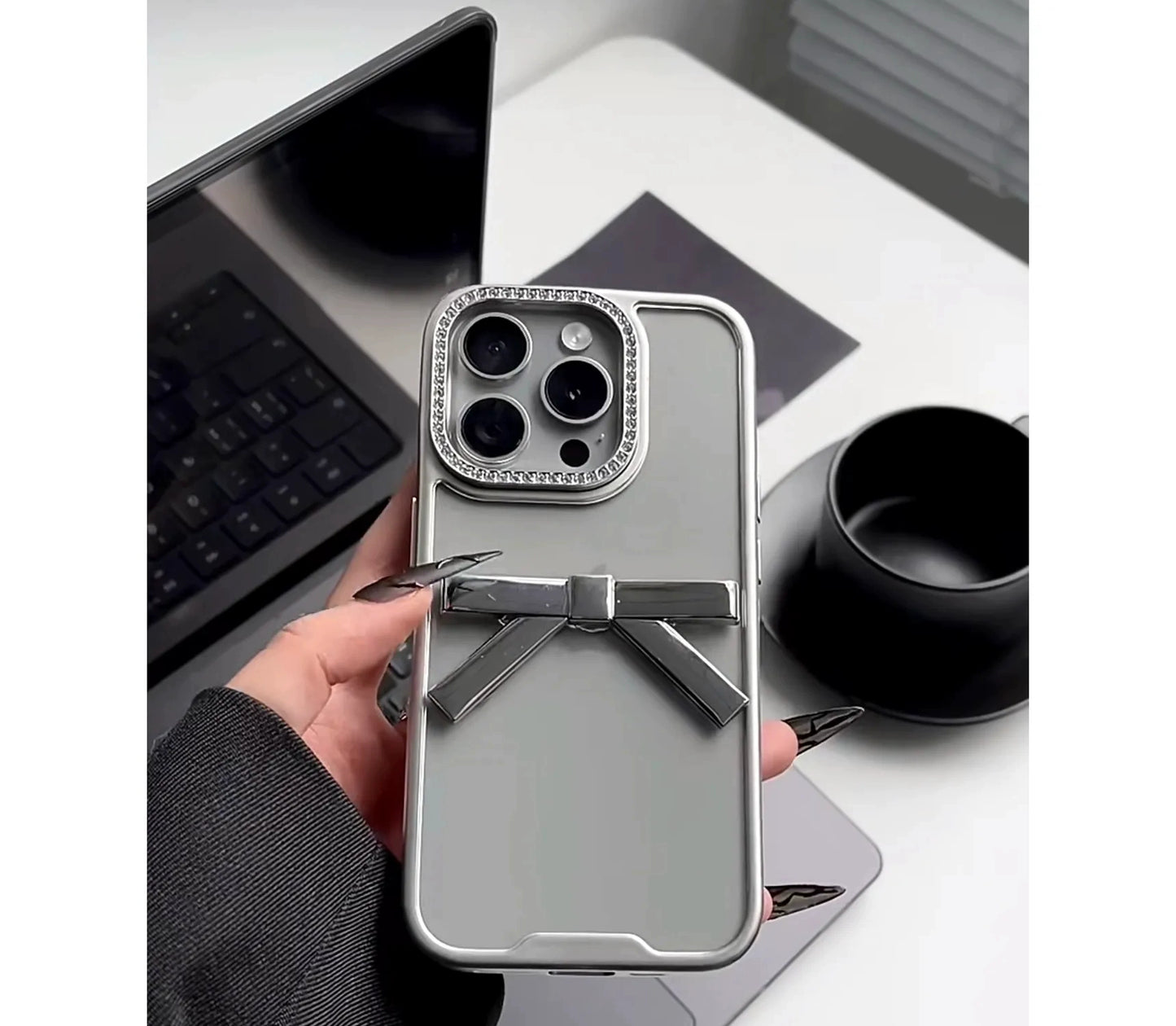 Transparent Silver Three-dimensional Electroplated Bow Aesthetic Mobile Phone Case Suitable for iPhone16 iPhone15 iPhone14 iPhone13