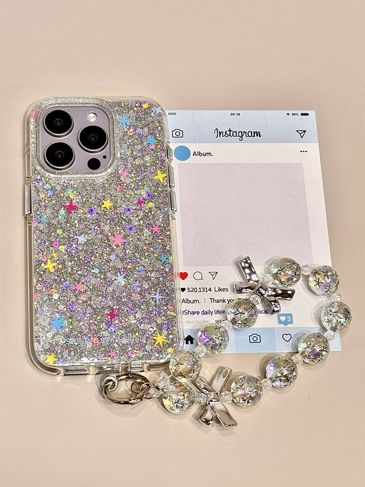 Sequin Double-layer Colored Star Bead Chain Cute Aesthetic Mobile Phone Case Suitable for iPhone16 iPhone15 iPhone14 iPhone13