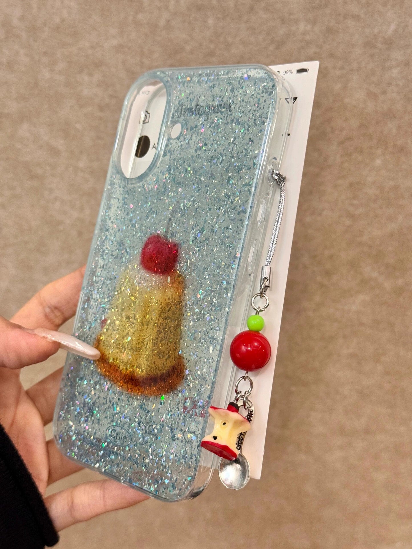 Glitter Mint Green Cherry Pudding Double Cute Aesthetic Mobile Phone Case with Phone Chain Pendant Suitable for Girls Mobile Phone Case Suitable for iPhone16 iPhone15 iPhone14 iPhone13