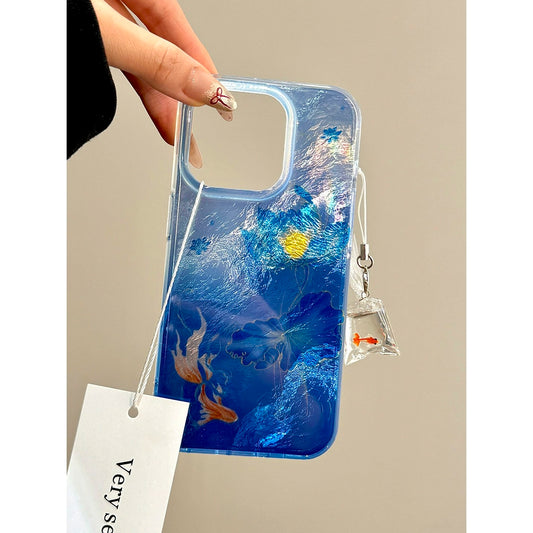 Lotus Koi Water Bag Goldfish Blue Smudge Aesthetic Mobile Phone Case with Mobile Phone Chain Pendant Suitable for iPhone16 iPhone15 iPhone14 iPhone13