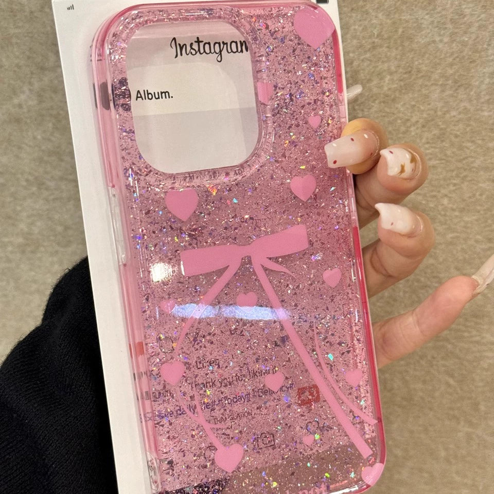 Girl Pink Translucent Bow Love Glitter Aesthetic Mobile Phone Case Coquette Suitable for iPhone16 iPhone15 iPhone14 iPhone13