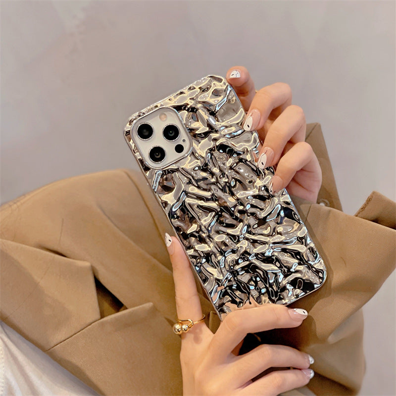 Silver Glossy Crepe Corrugated Phone Case Suitable for iPhone16 iPhone15 iPhone14 iPhone13