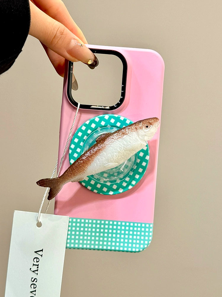 Three-dimensional Salted Fish Magnetic Suction Bracket Pink Mobile Phone Case Suitable for iPhone16 iPhone15 iPhone14 iPhone13